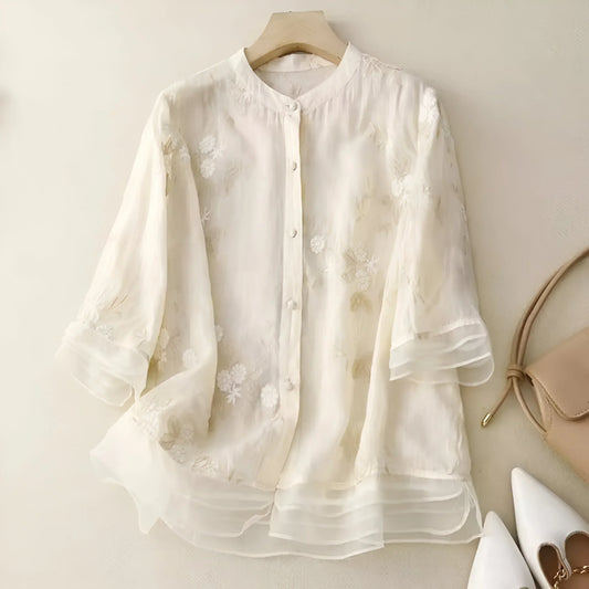 Emily | Cotton Top with Embroidered Flowers